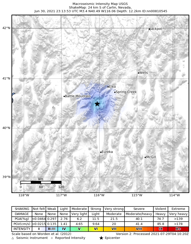 USGS ShakeMap intensity contours for the M3.4 earthquake near 24 km S of Carlin, Nevada