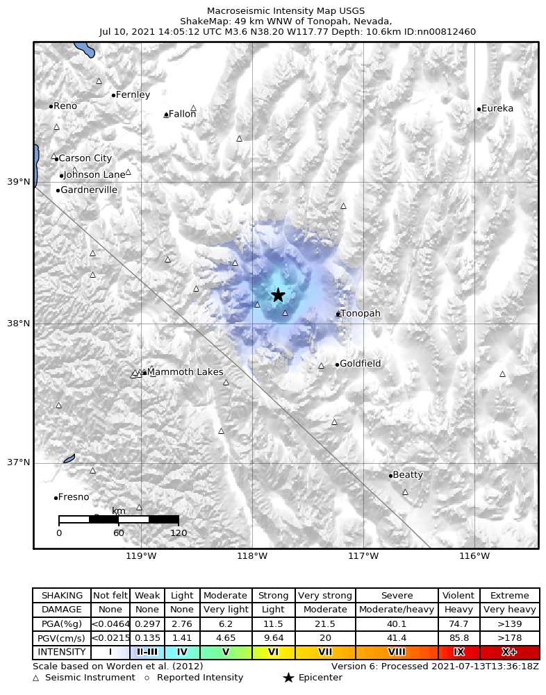 USGS ShakeMap: estimated shaking intensity around the epicenter