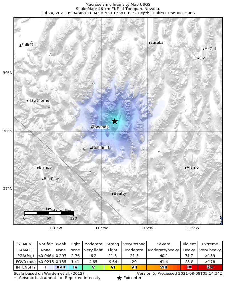 USGS ShakeMap: estimated shaking intensity around the epicenter