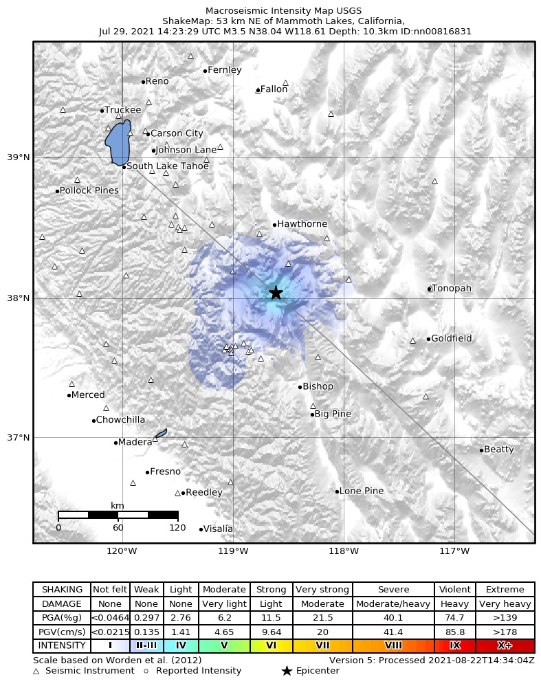 USGS ShakeMap: estimated shaking intensity around the epicenter