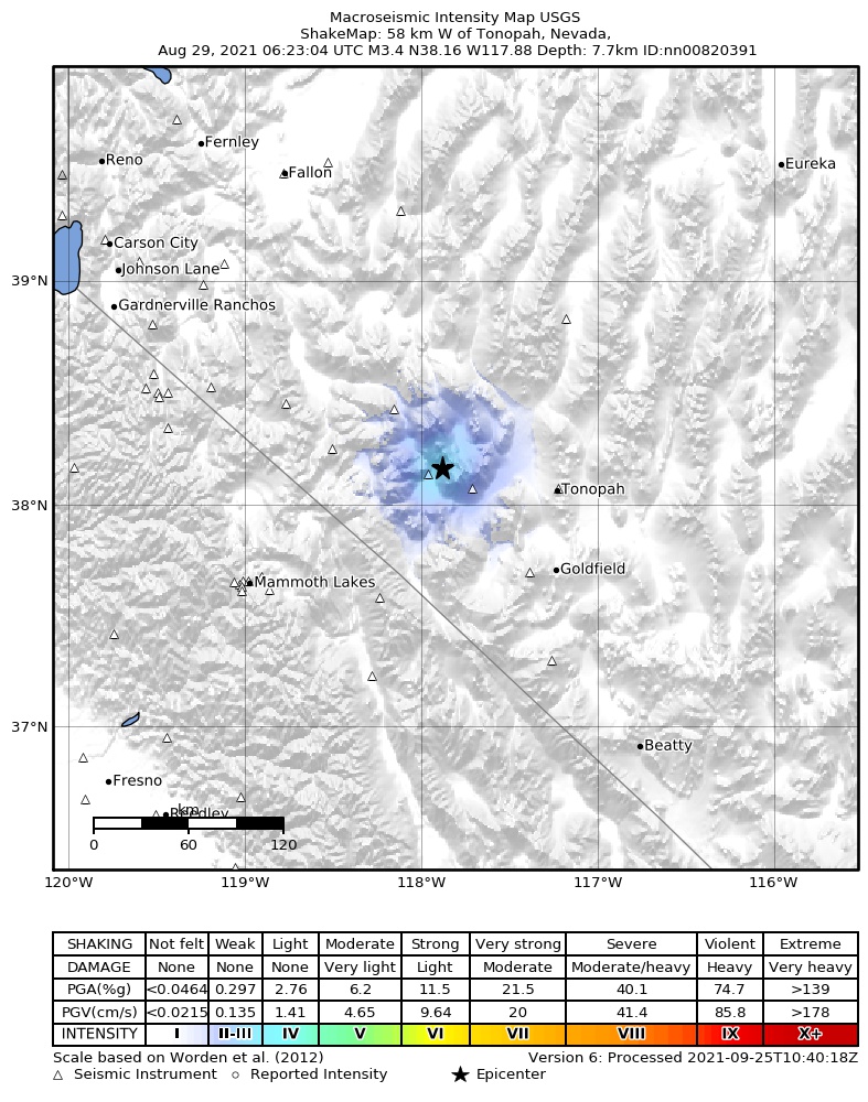USGS ShakeMap: estimated shaking intensity around the epicenter