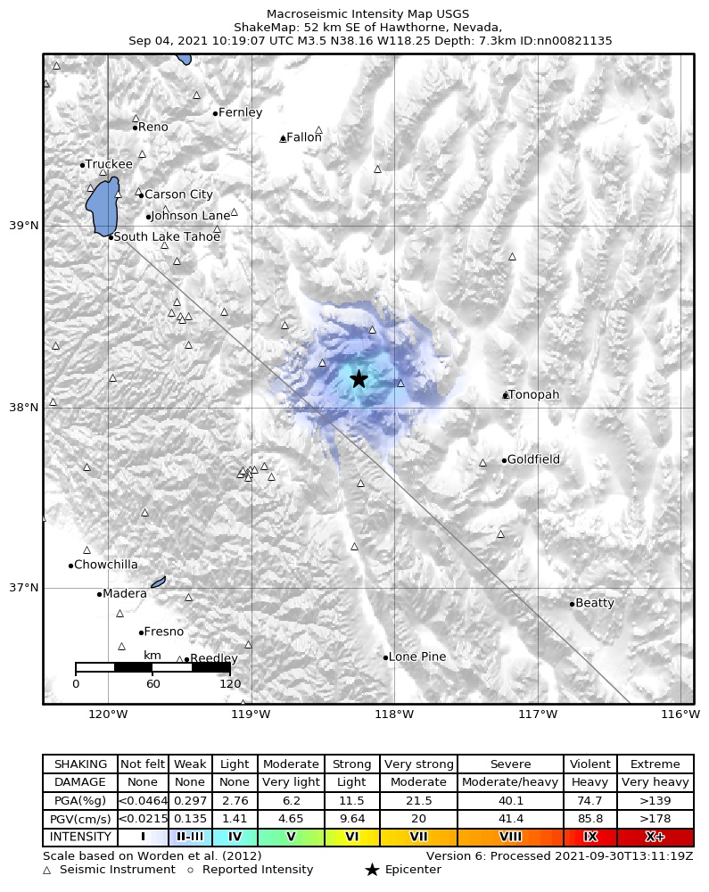 USGS ShakeMap: estimated shaking intensity around the epicenter
