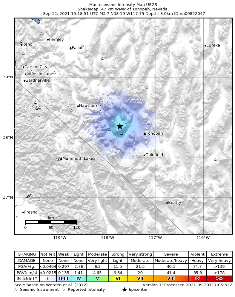 USGS ShakeMap: estimated shaking intensity around the epicenter