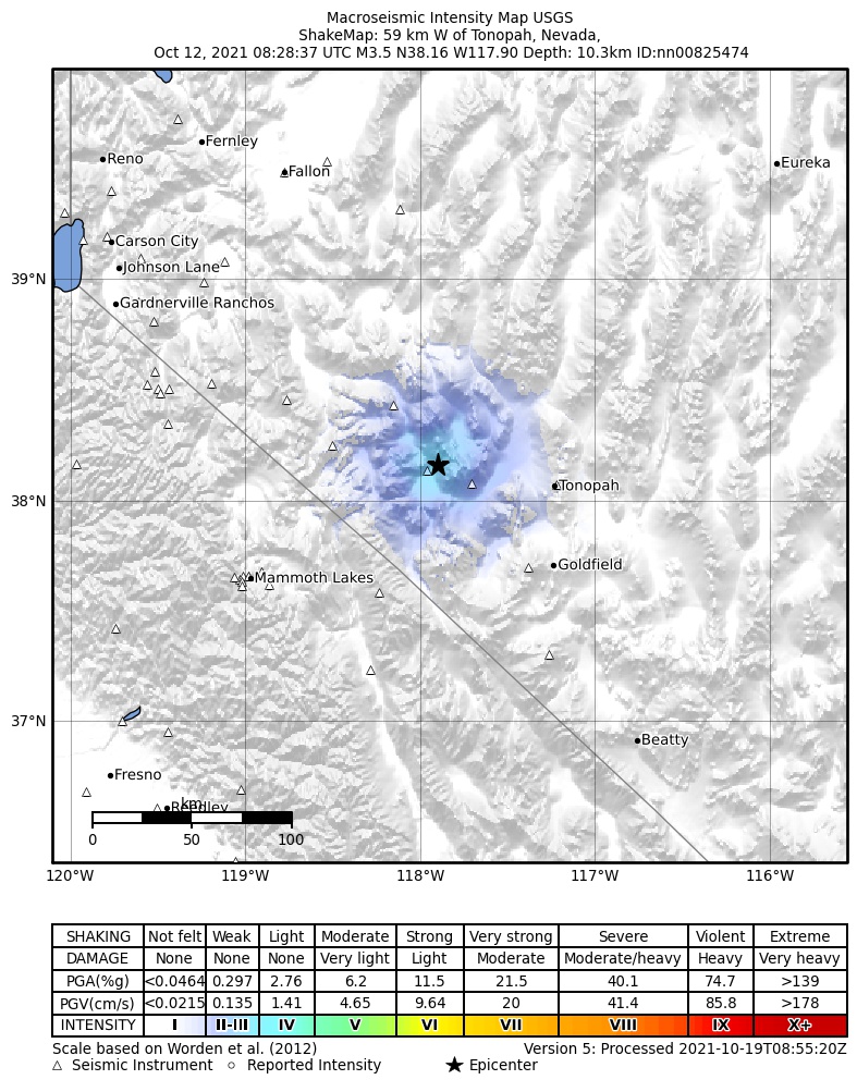 USGS ShakeMap: estimated shaking intensity around the epicenter