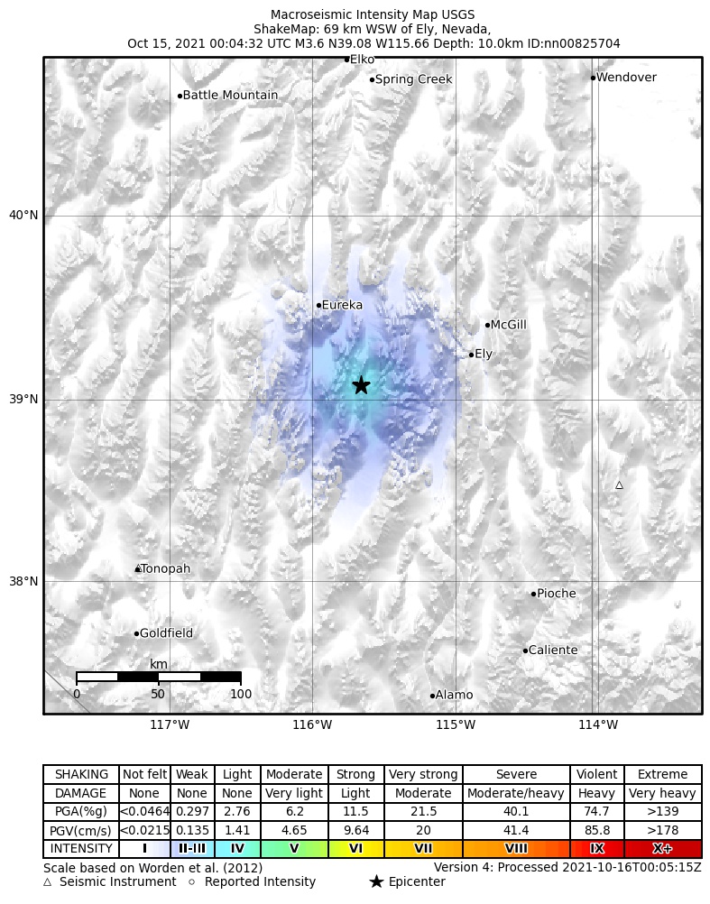USGS ShakeMap: estimated shaking intensity around the epicenter