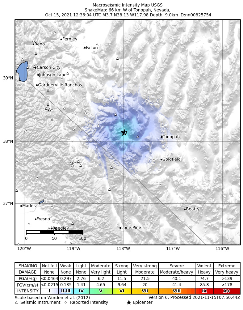 USGS ShakeMap: estimated shaking intensity around the epicenter