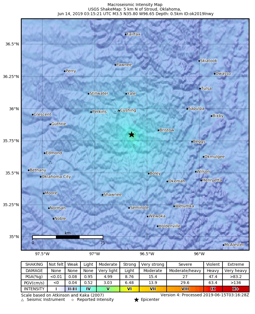 USGS ShakeMap: estimated shaking intensity around the epicenter