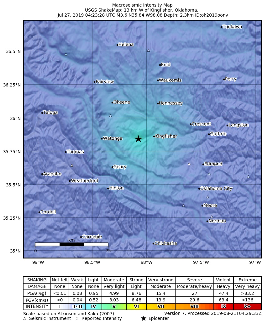 USGS ShakeMap: estimated shaking intensity around the epicenter