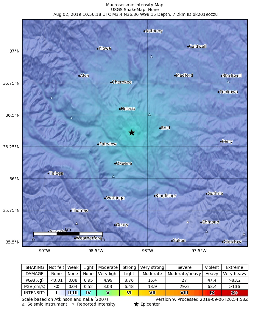 USGS ShakeMap: estimated shaking intensity around the epicenter