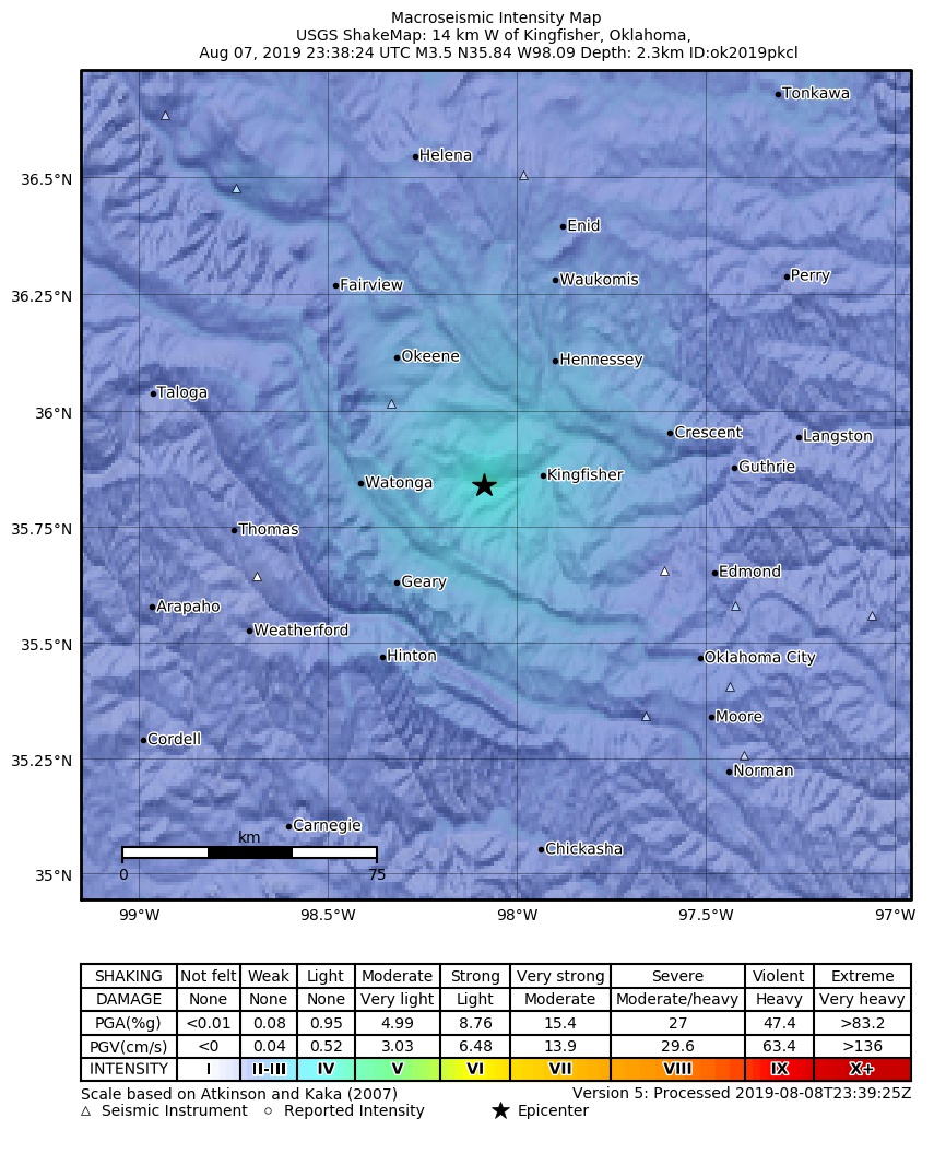 USGS ShakeMap: estimated shaking intensity around the epicenter