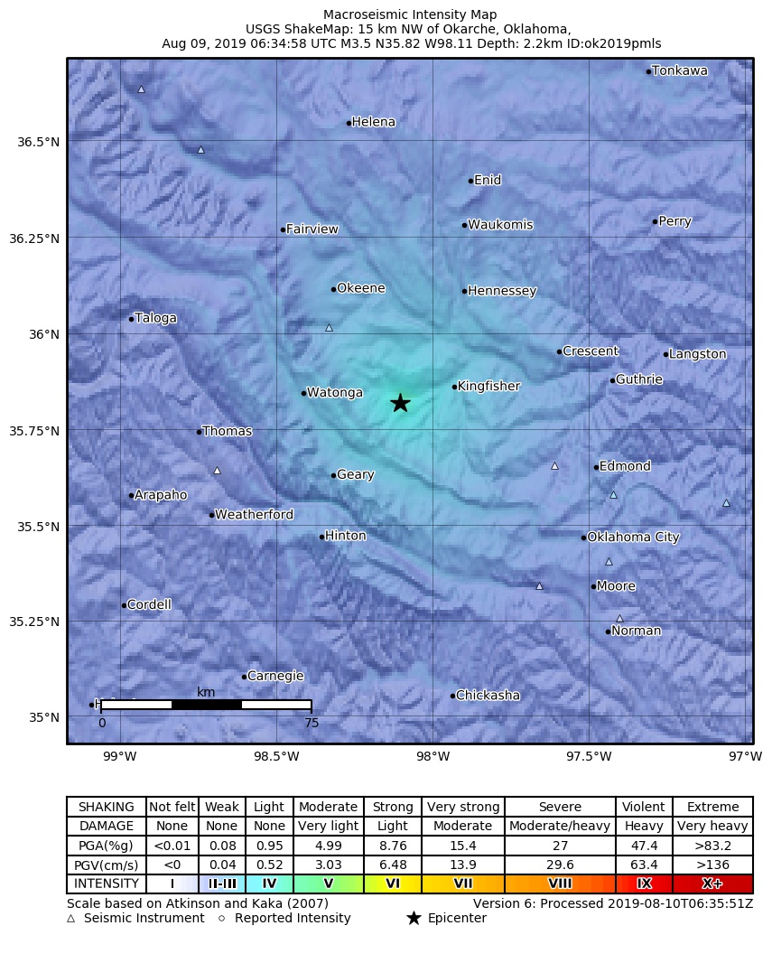 USGS ShakeMap: estimated shaking intensity around the epicenter