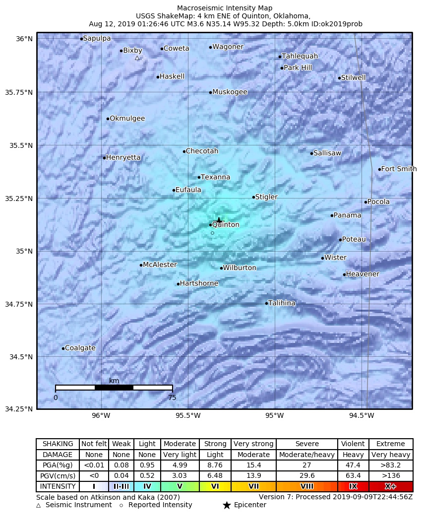 USGS ShakeMap: estimated shaking intensity around the epicenter