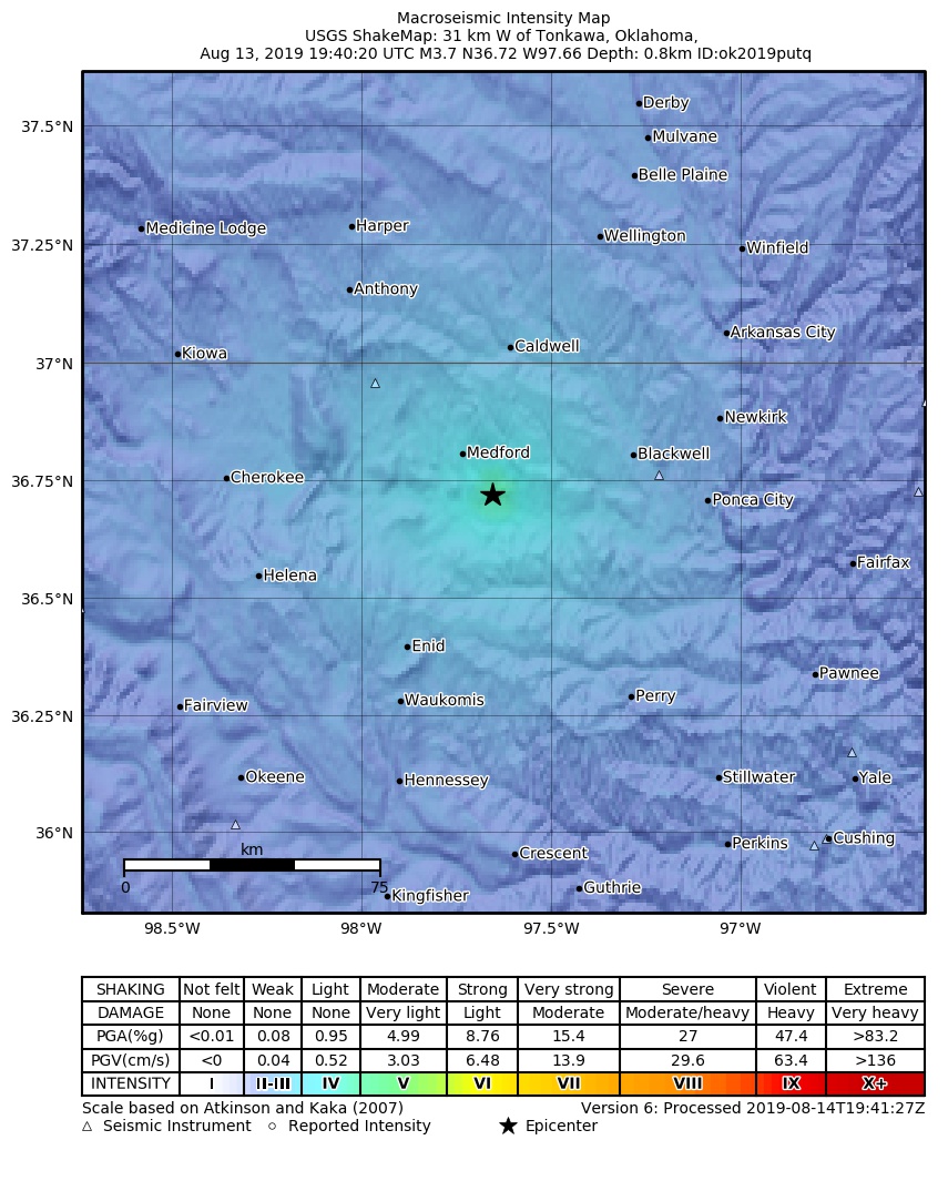USGS ShakeMap: estimated shaking intensity around the epicenter