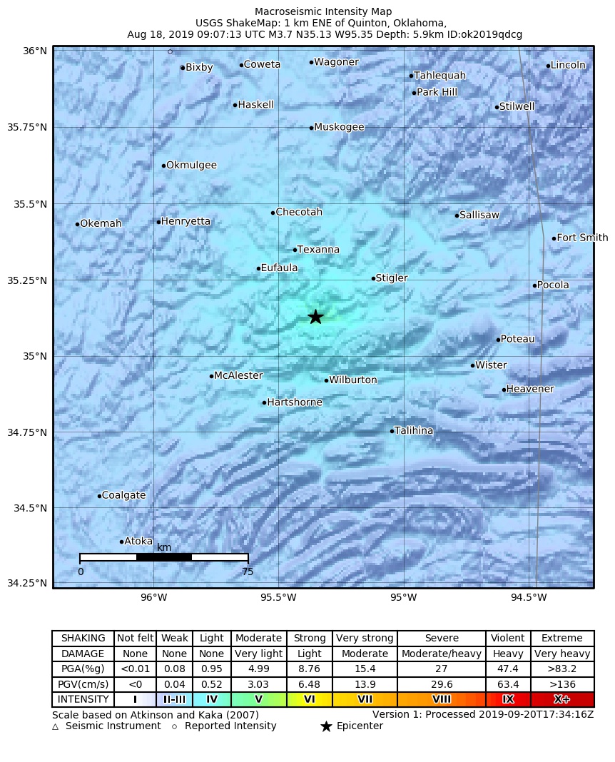 USGS ShakeMap: estimated shaking intensity around the epicenter