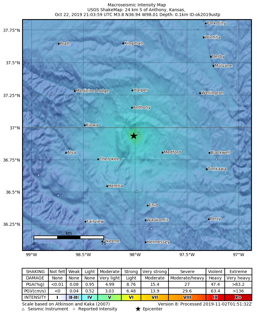 USGS ShakeMap: estimated shaking intensity around the epicenter
