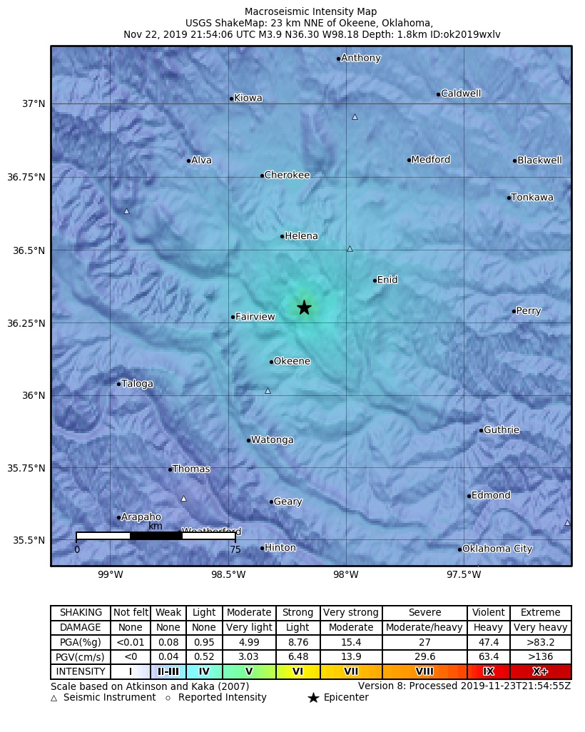 USGS ShakeMap: estimated shaking intensity around the epicenter