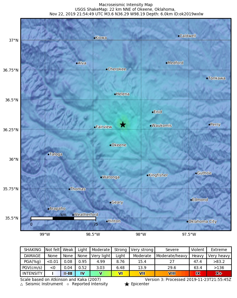 USGS ShakeMap: estimated shaking intensity around the epicenter