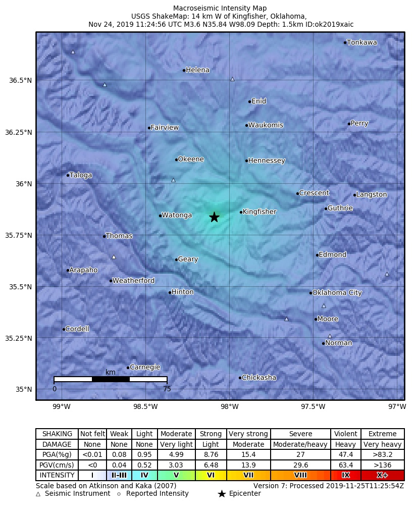 USGS ShakeMap: estimated shaking intensity around the epicenter