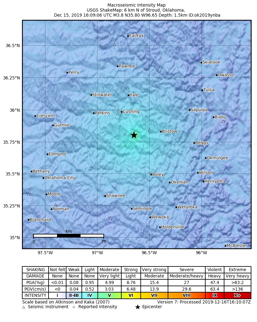 USGS ShakeMap: estimated shaking intensity around the epicenter