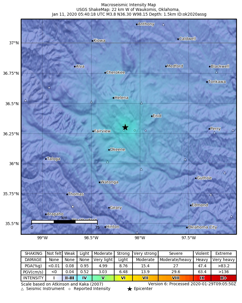 USGS ShakeMap: estimated shaking intensity around the epicenter
