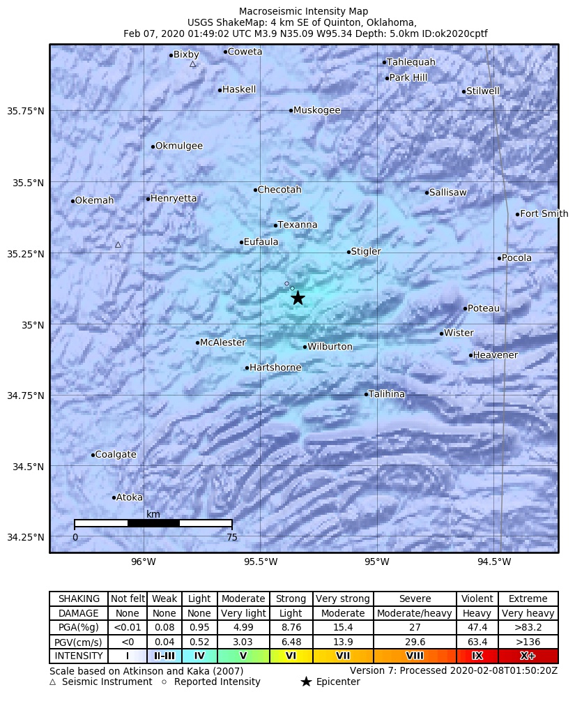 USGS ShakeMap: estimated shaking intensity around the epicenter