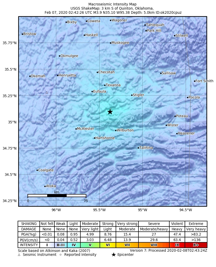 USGS ShakeMap: estimated shaking intensity around the epicenter