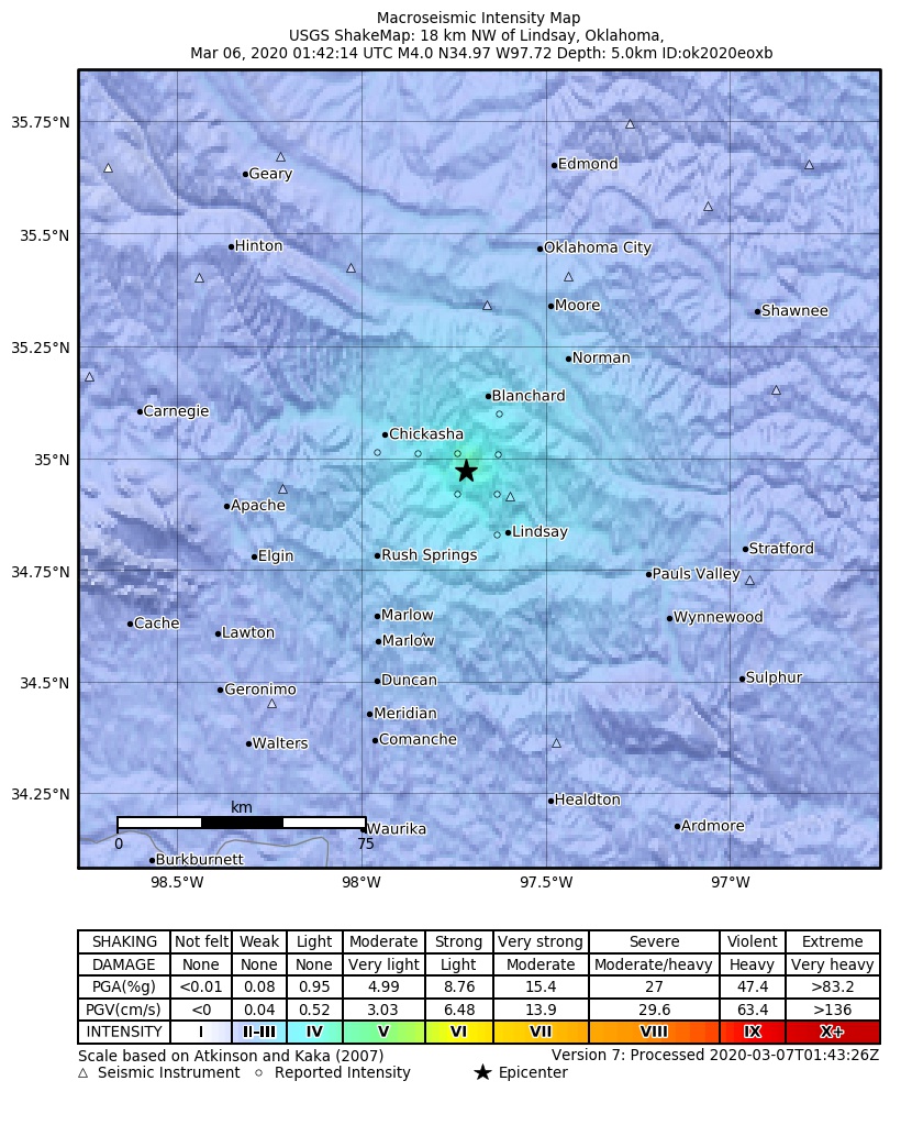 USGS ShakeMap: estimated shaking intensity around the epicenter