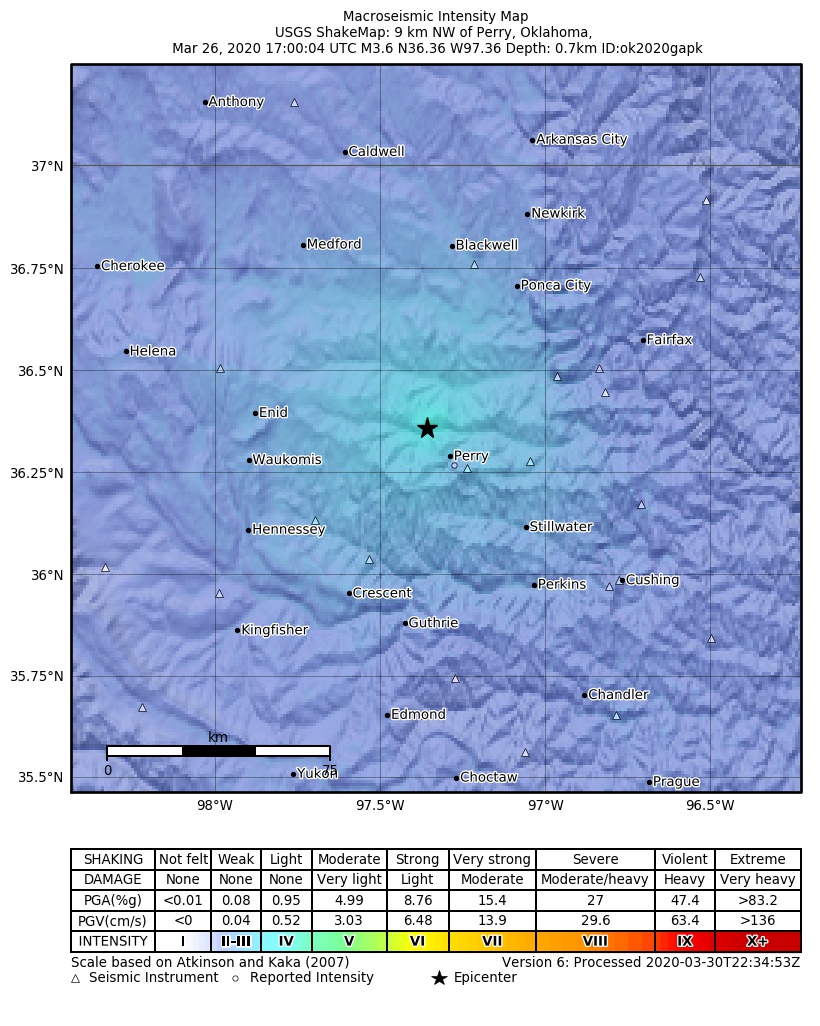USGS ShakeMap: estimated shaking intensity around the epicenter