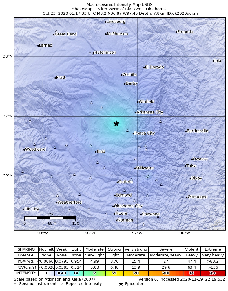 USGS ShakeMap: estimated shaking intensity around the epicenter
