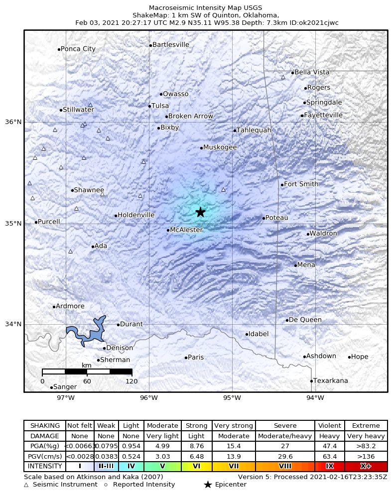 USGS ShakeMap: estimated shaking intensity around the epicenter