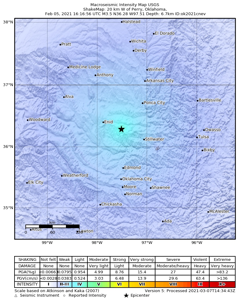 USGS ShakeMap: estimated shaking intensity around the epicenter
