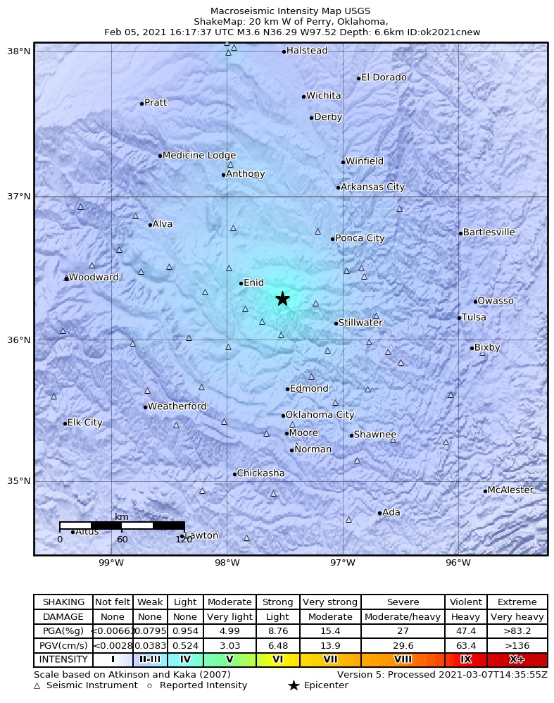 USGS ShakeMap: estimated shaking intensity around the epicenter