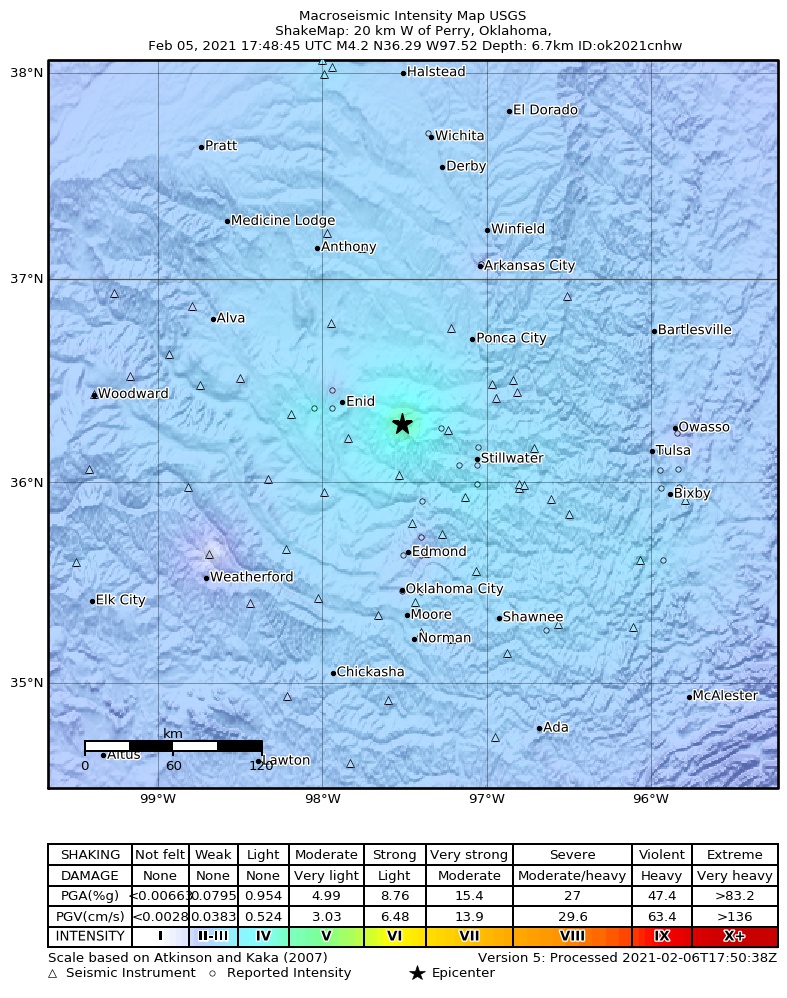 USGS ShakeMap: estimated shaking intensity around the epicenter