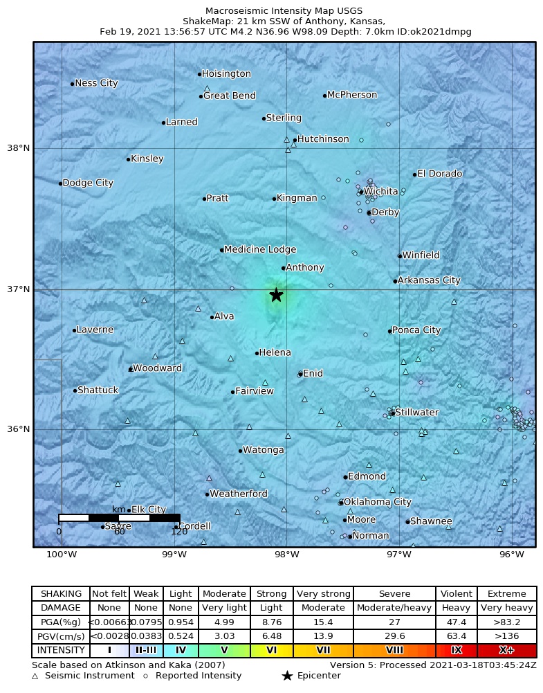 USGS ShakeMap: estimated shaking intensity around the epicenter