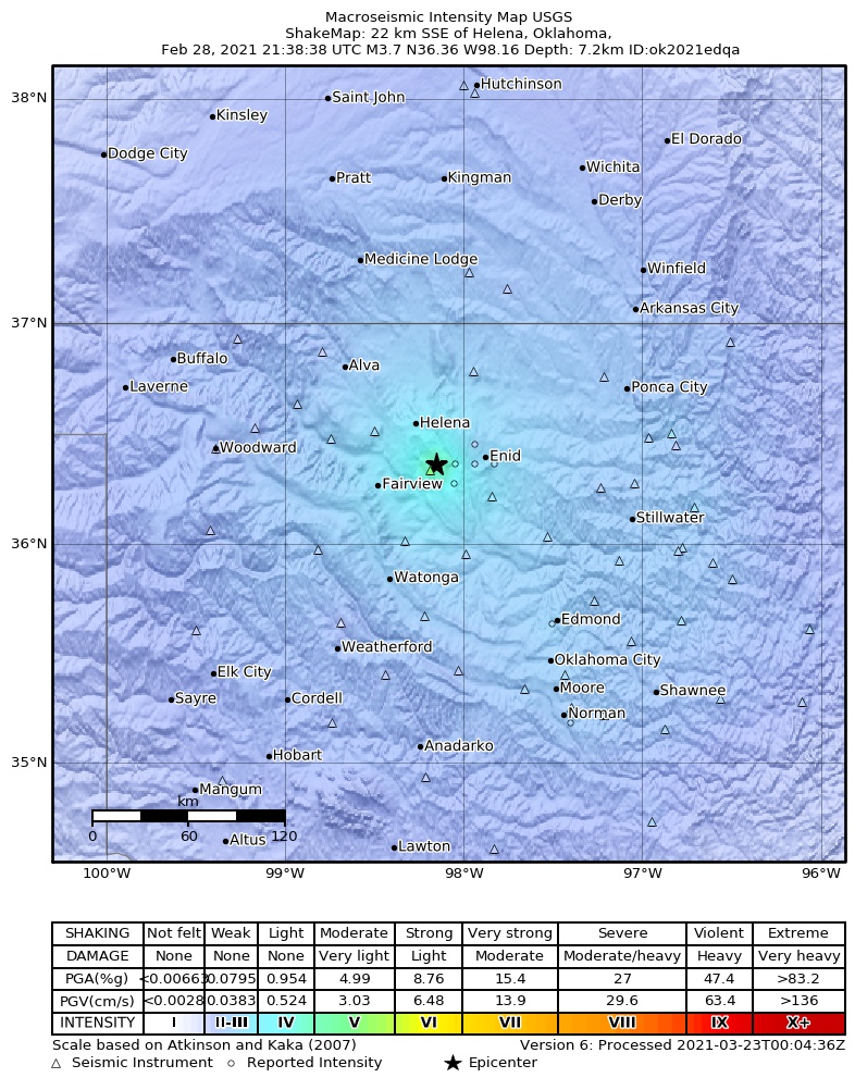 USGS ShakeMap: estimated shaking intensity around the epicenter