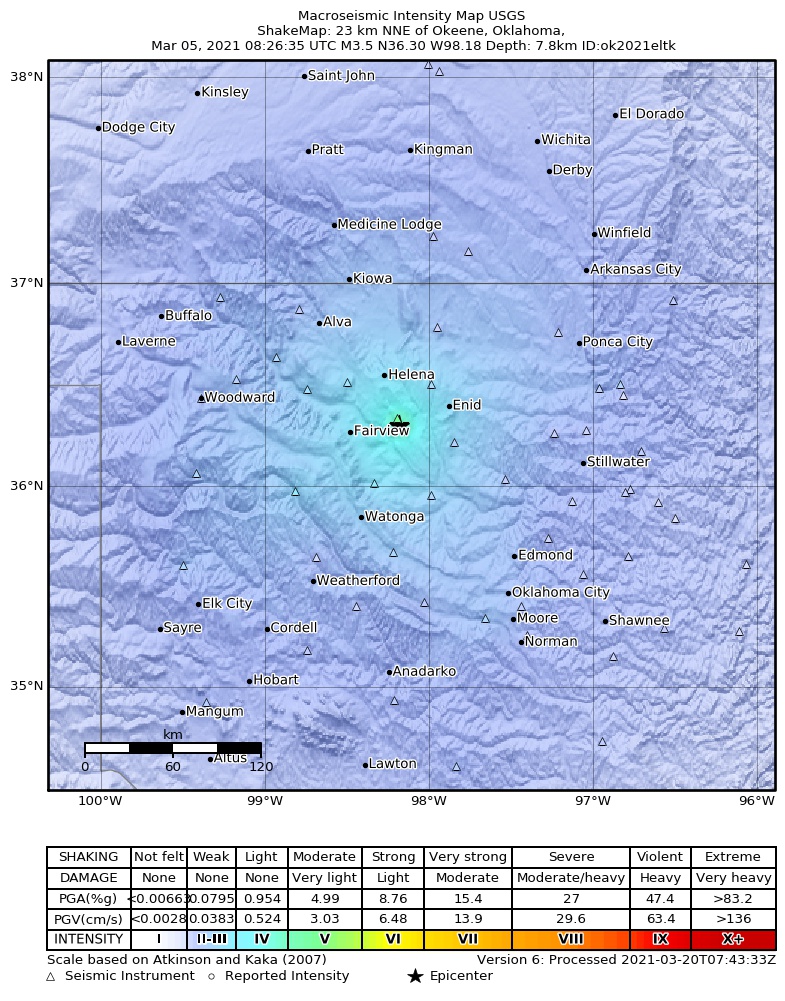 USGS ShakeMap: estimated shaking intensity around the epicenter