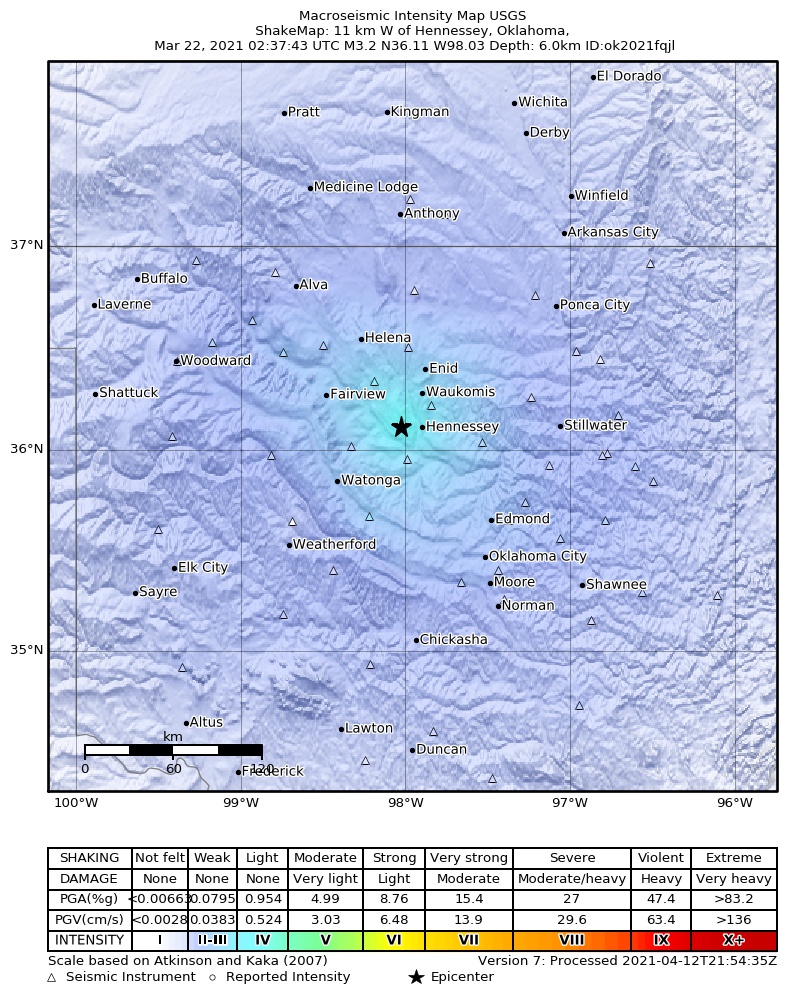 USGS ShakeMap: estimated shaking intensity around the epicenter