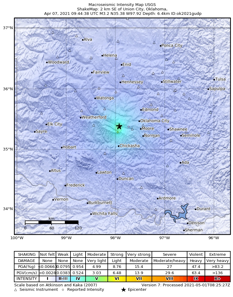 USGS ShakeMap: estimated shaking intensity around the epicenter