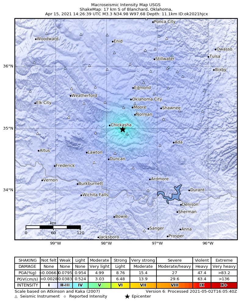 USGS ShakeMap: estimated shaking intensity around the epicenter