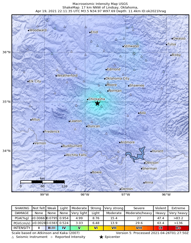 USGS ShakeMap: estimated shaking intensity around the epicenter