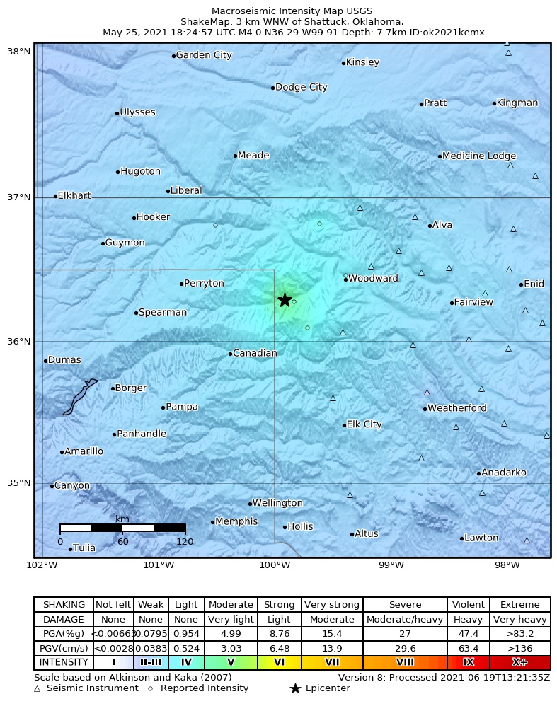 USGS ShakeMap: estimated shaking intensity around the epicenter