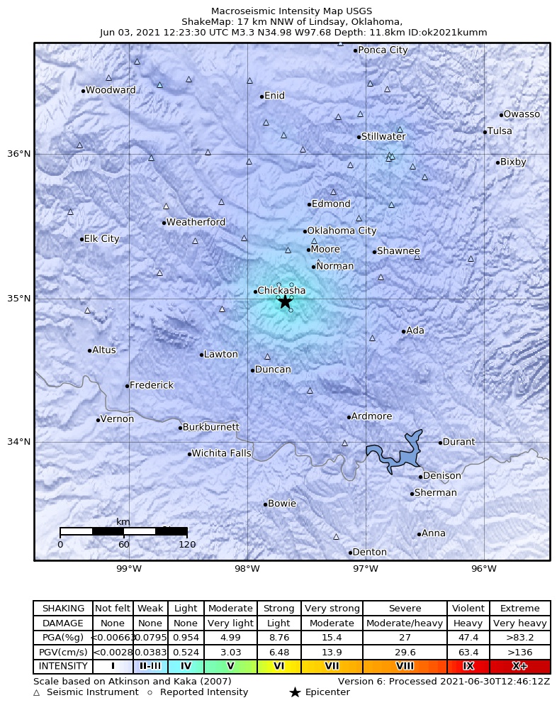 USGS ShakeMap: estimated shaking intensity around the epicenter