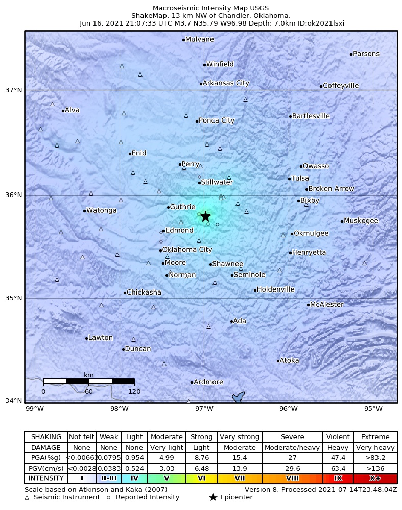 USGS ShakeMap: estimated shaking intensity around the epicenter