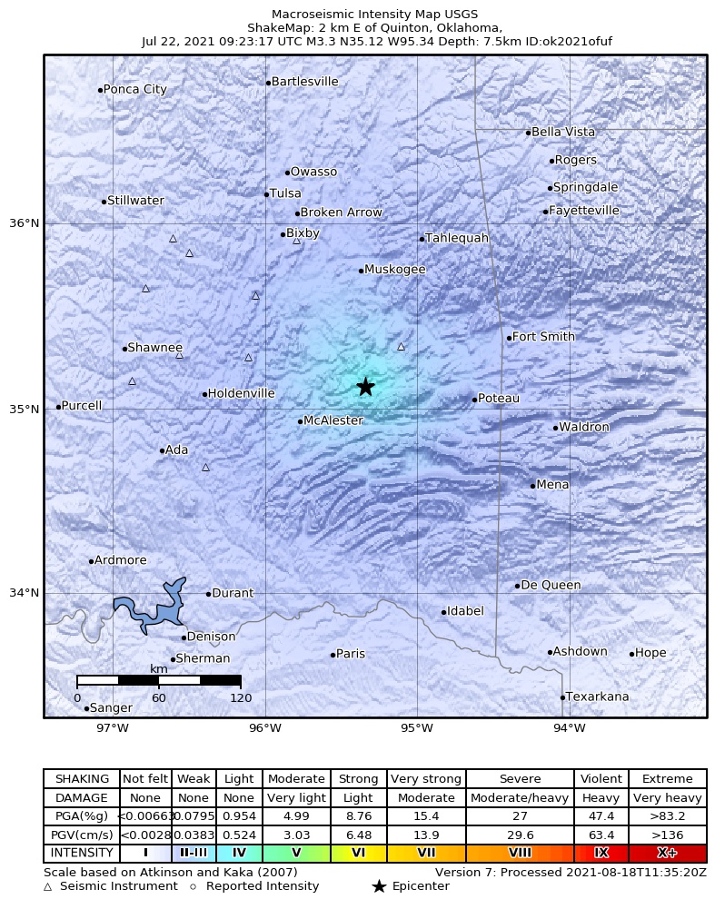 USGS ShakeMap: estimated shaking intensity around the epicenter