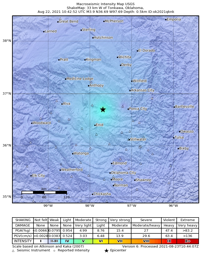USGS ShakeMap: estimated shaking intensity around the epicenter