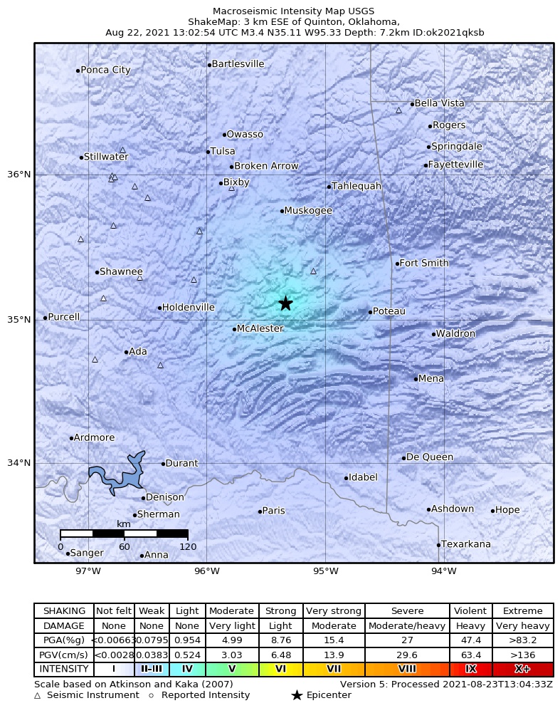 USGS ShakeMap: estimated shaking intensity around the epicenter