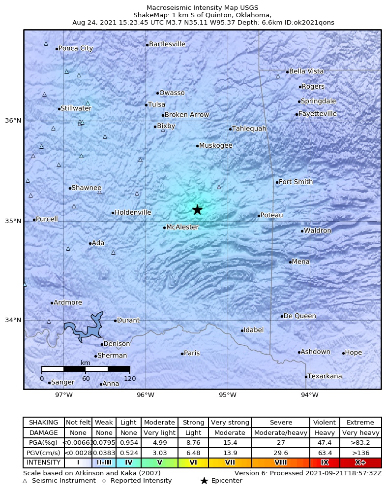 USGS ShakeMap: estimated shaking intensity around the epicenter