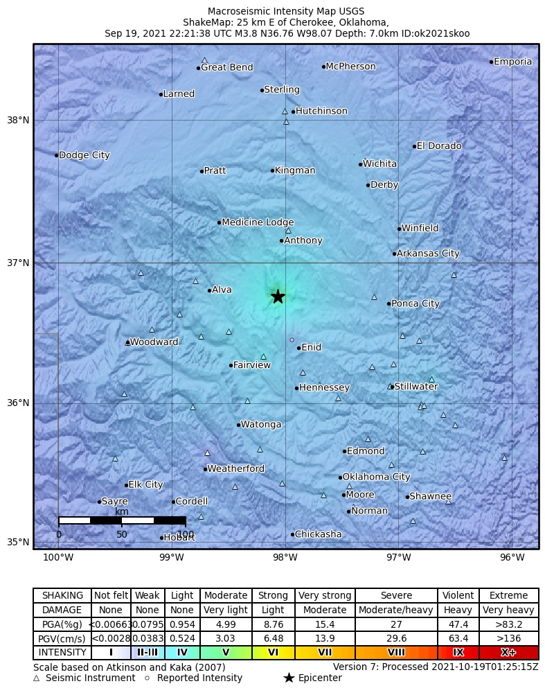 USGS ShakeMap intensity contours for the M3.8 earthquake near 7 km E of Nescatunga, Oklahoma