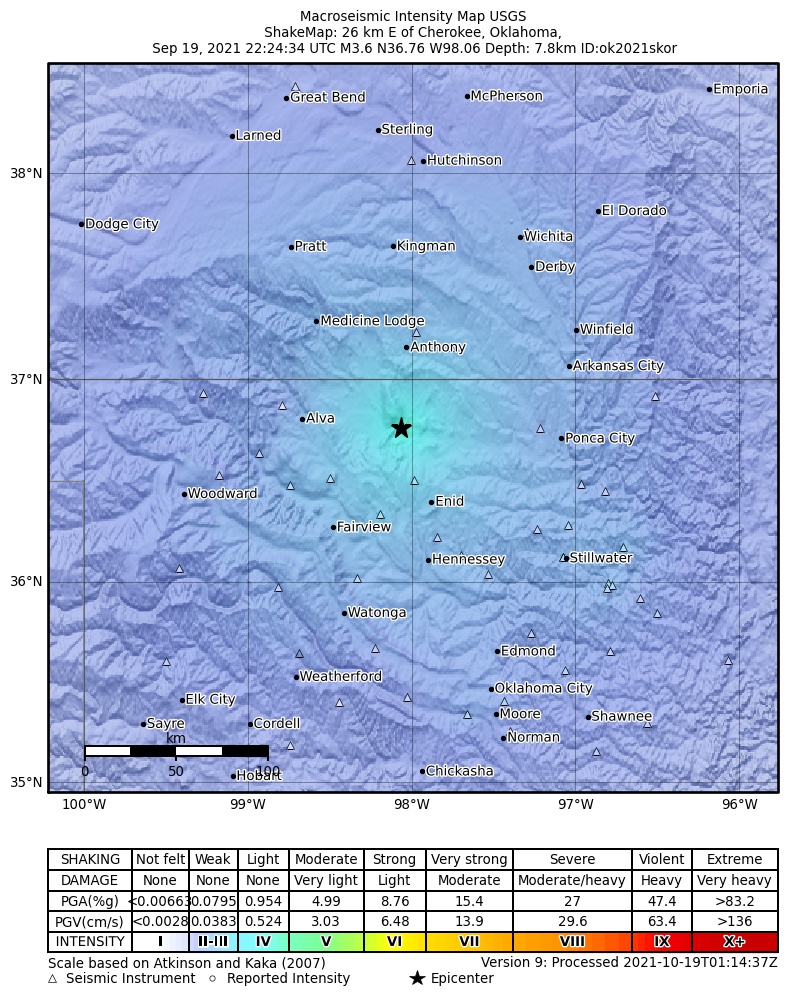 USGS ShakeMap intensity contours for the M3.6 earthquake near 7 km E of Nescatunga, Oklahoma