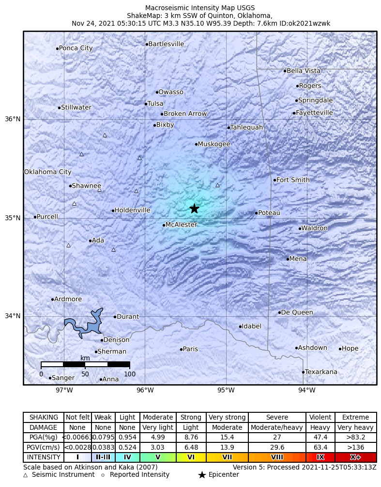 USGS ShakeMap: estimated shaking intensity around the epicenter